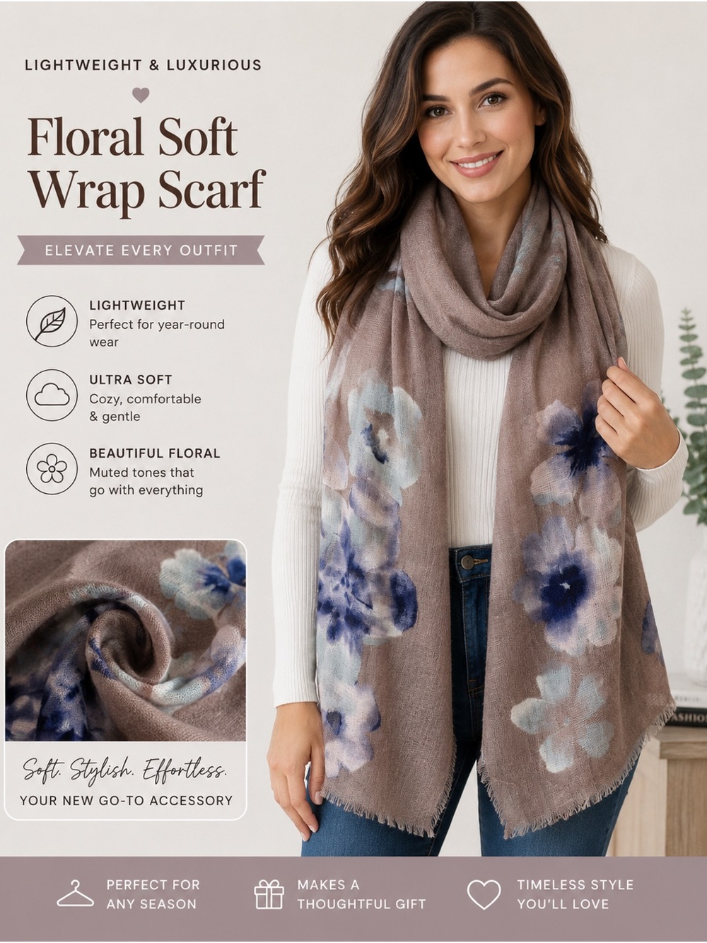 Floral Soft Wrap Scarf in Taupe with Blue Floral Accents - Brand